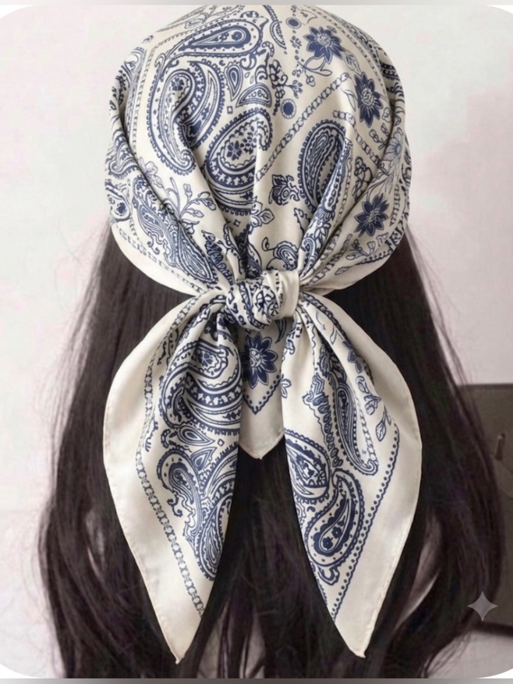 Silk Paisley Print Headscarf - Cream & Navy